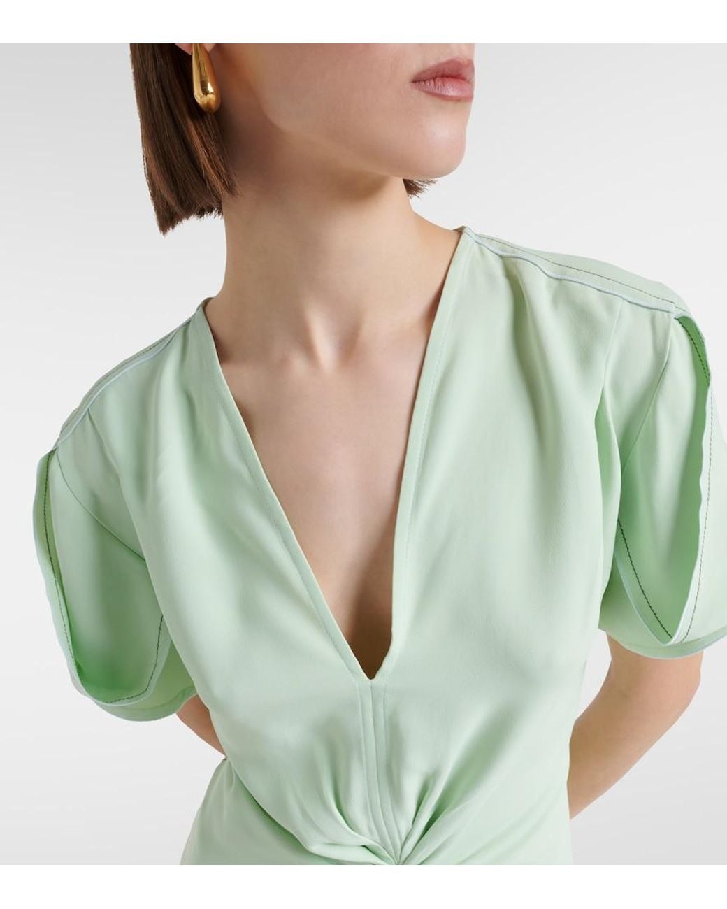 Victoria Beckham Green Gathered V-Neck Midi Dress