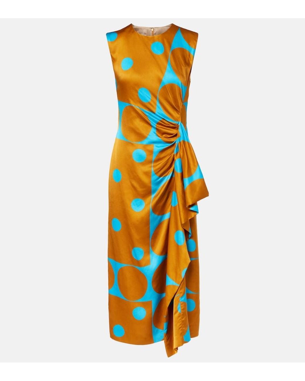 Dries Van Noten Orange Draped Printed Satin Midi Dress