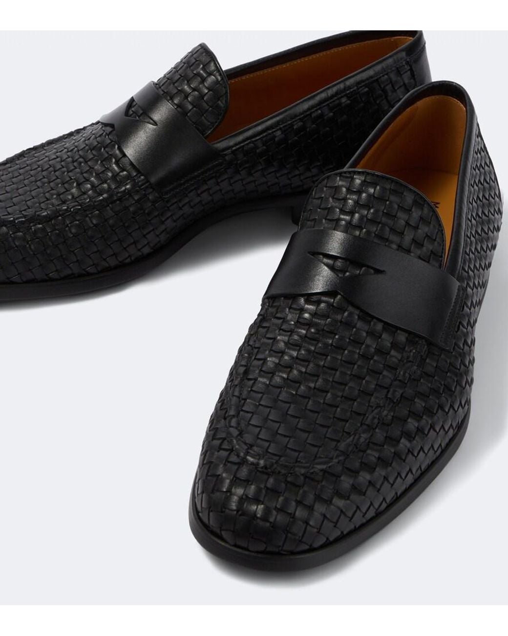 Magnanni Shoes Black Heracio Woven Leather Penny Loafers for men