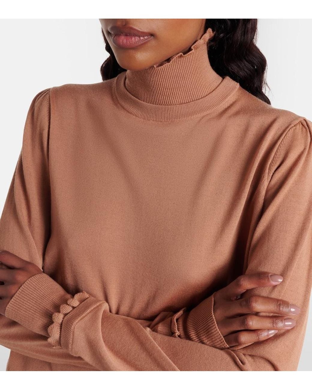 Chloé Brown Ruffled Wool Turtleneck Sweater