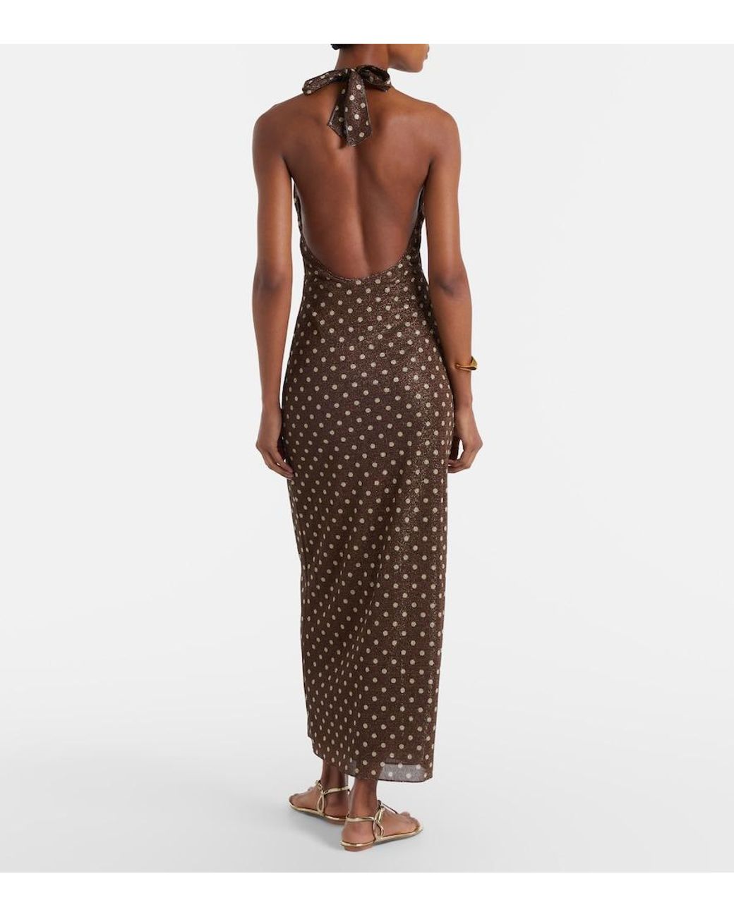 Oseree Brown Lumiere Polka-Dot Halterneck Maxi Dress
