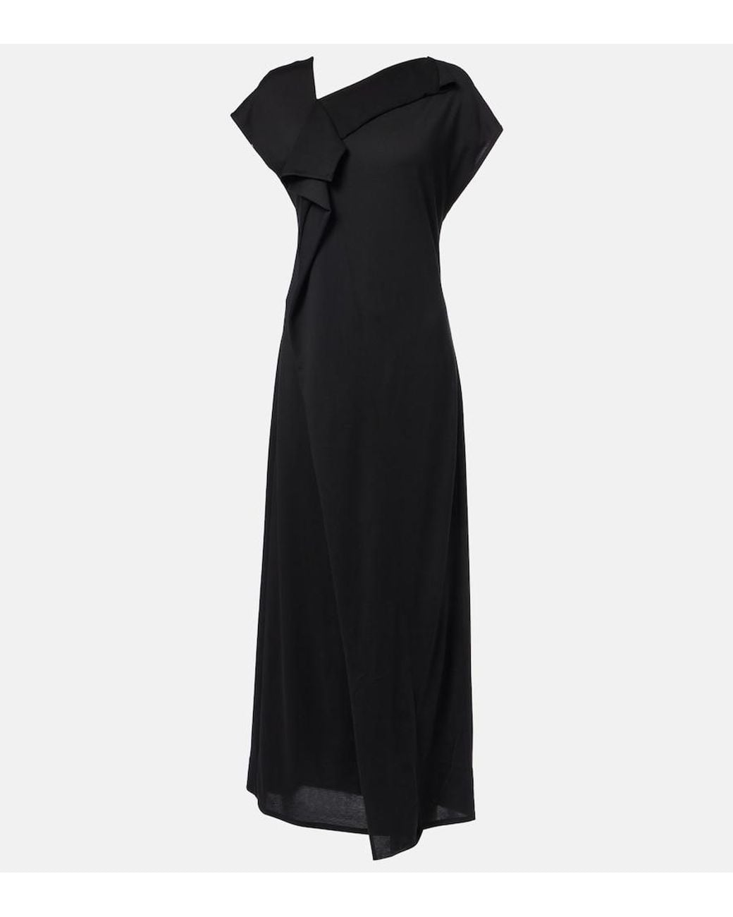 Plan C Black Asymmetric Draped Midi Dress