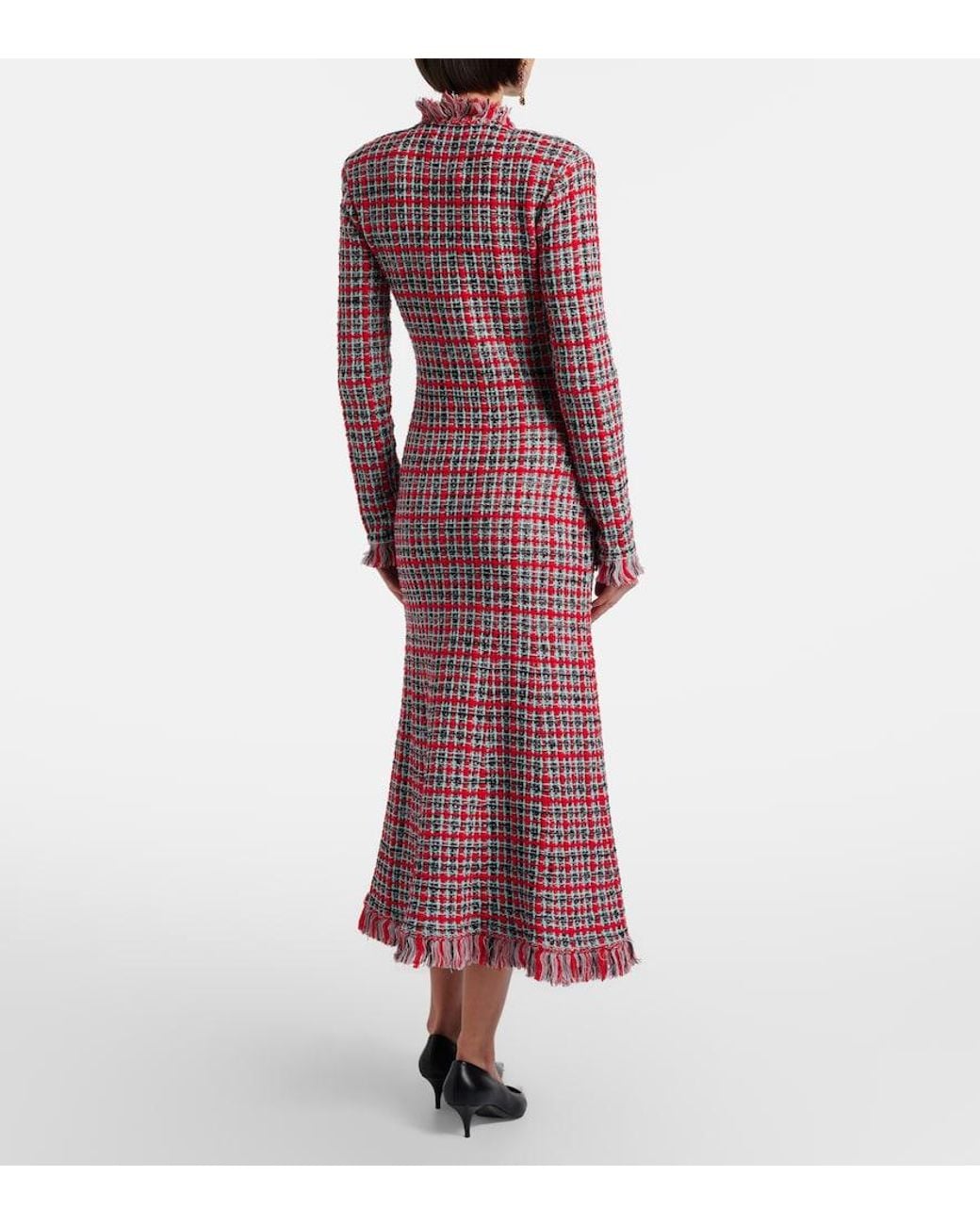 Self-Portrait Red Checked Frayed Knitted Midi Dress