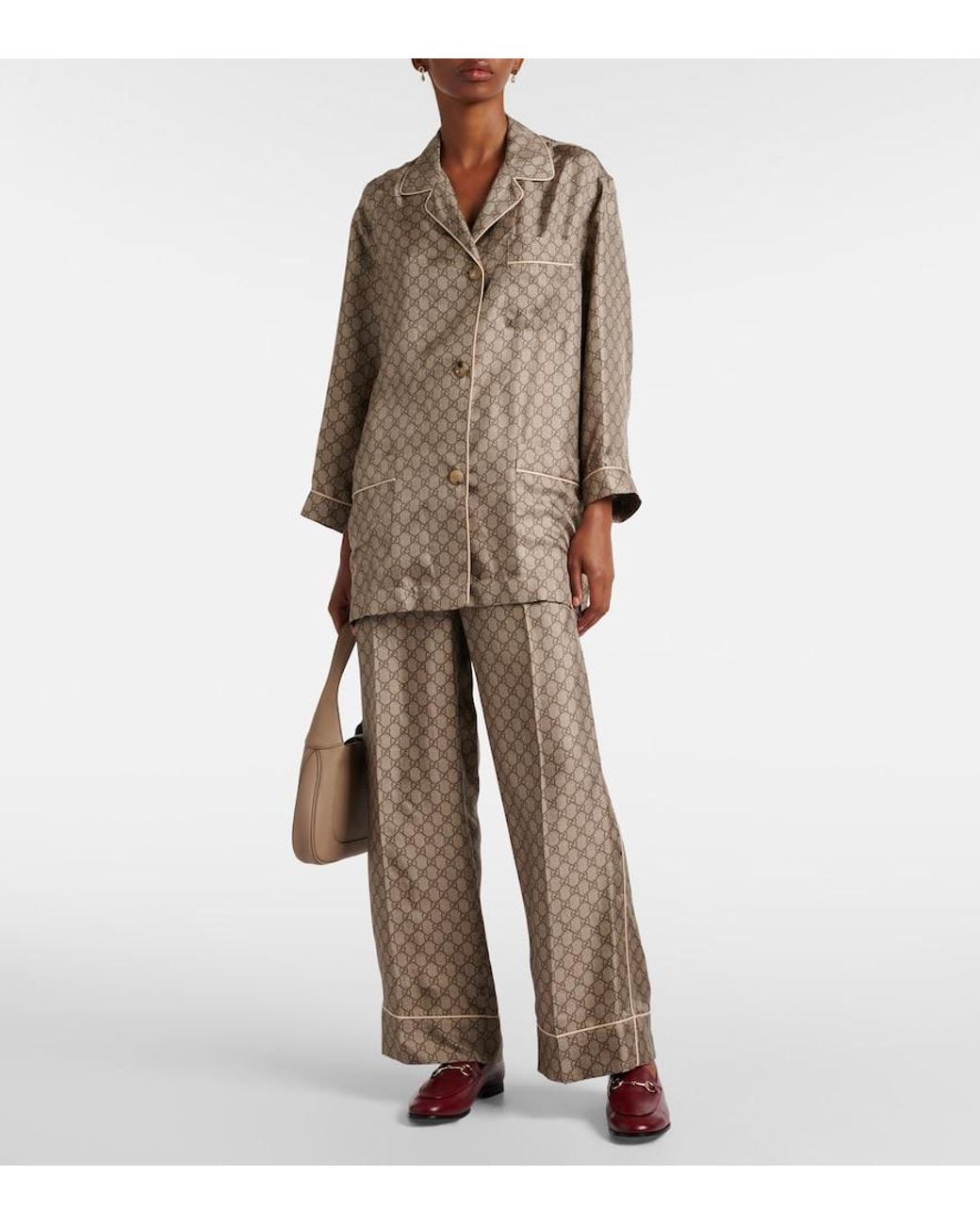 Gucci Natural Gg Supreme Printed Silk Twill Wide Pants