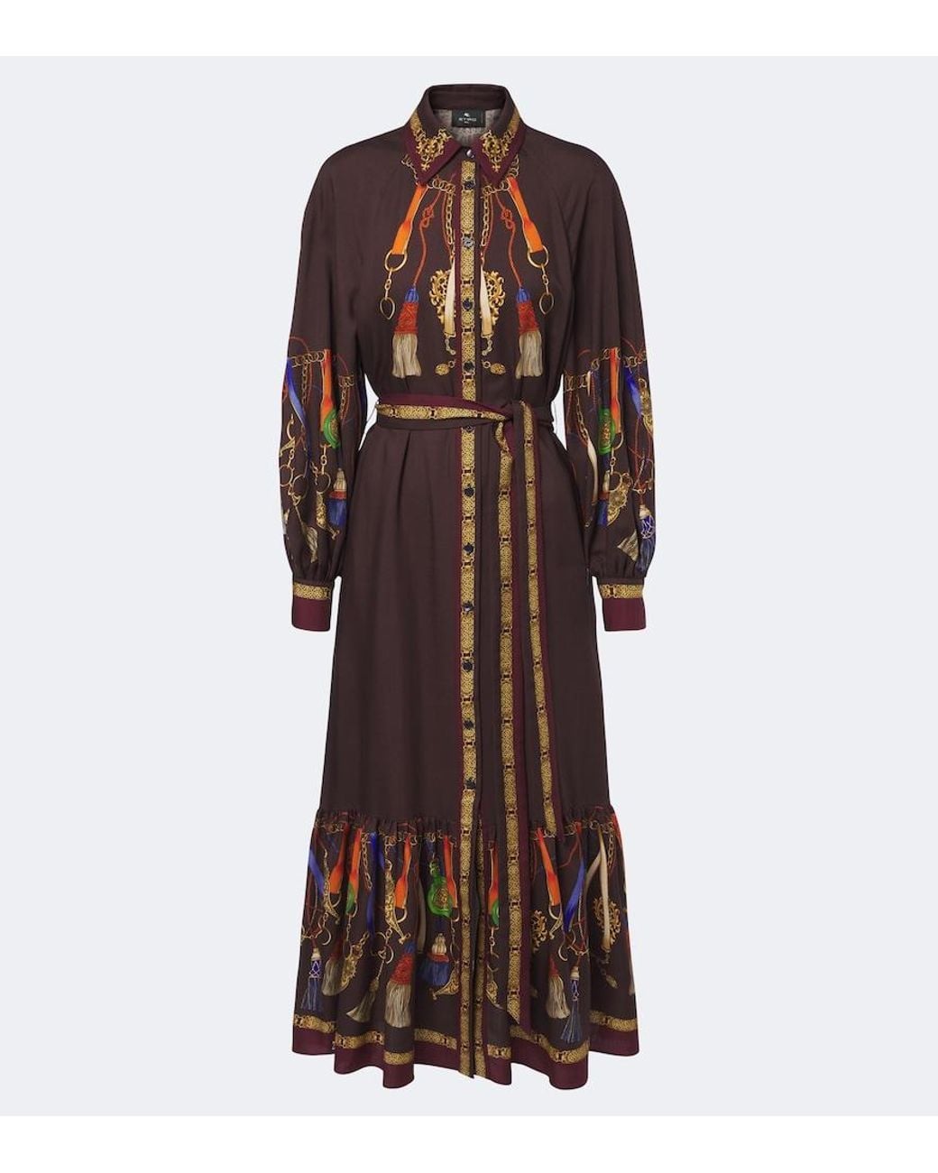 Etro Brown Printed Wool And Silk Twill Shirt Dress