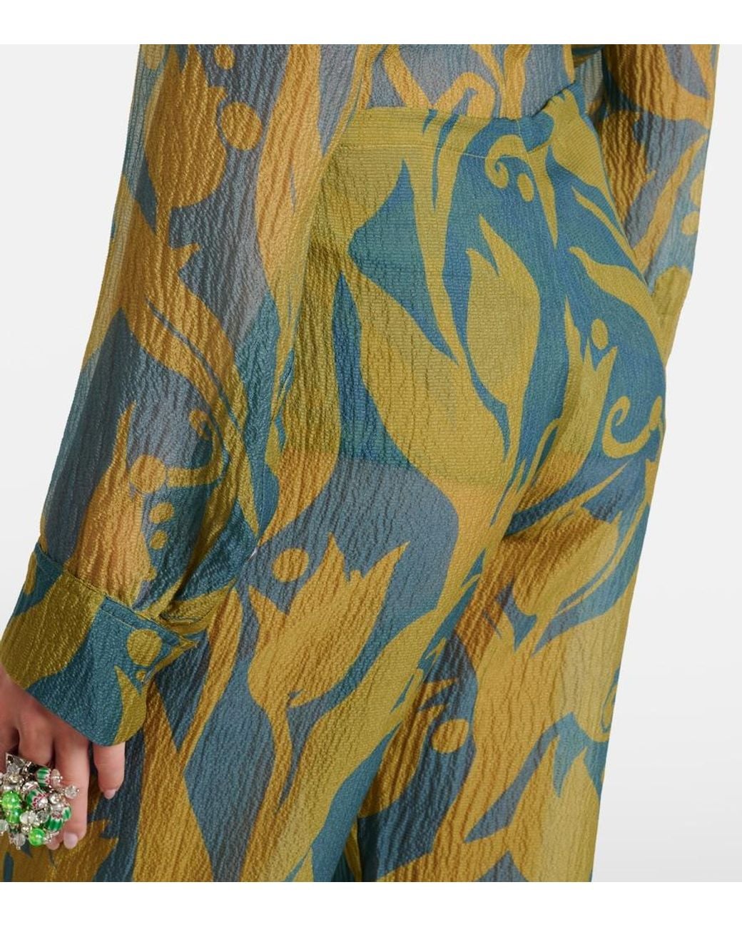 Dries Van Noten Green Pachas Printed Silk Straight Pants
