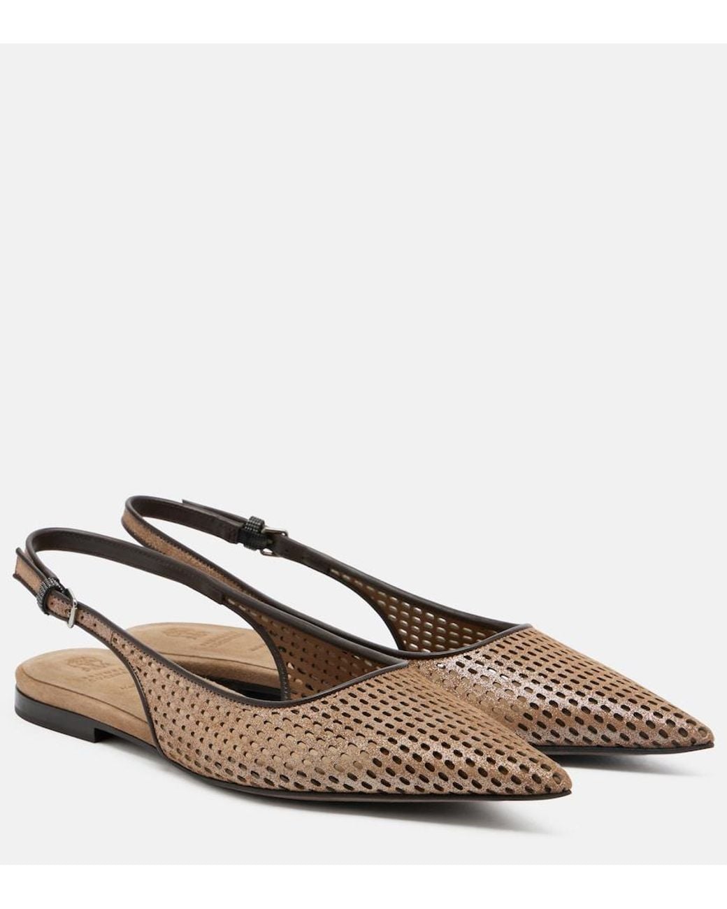 Brunello Cucinelli Brown Perforated Leather Slingback Flats