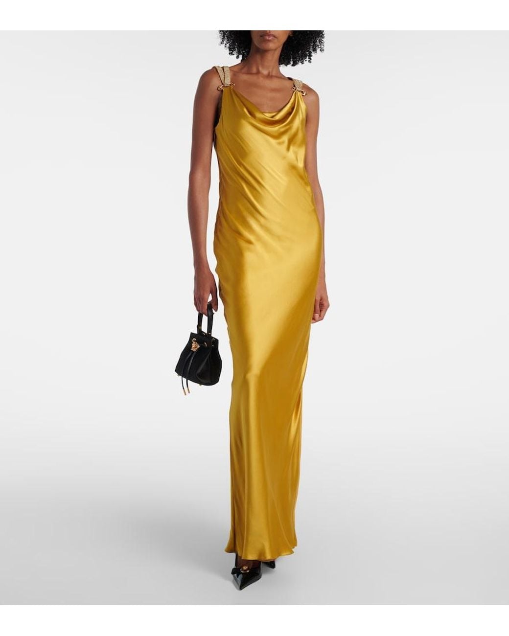 Versace Metallic Safety Pin Embellished Silk Satin Gown