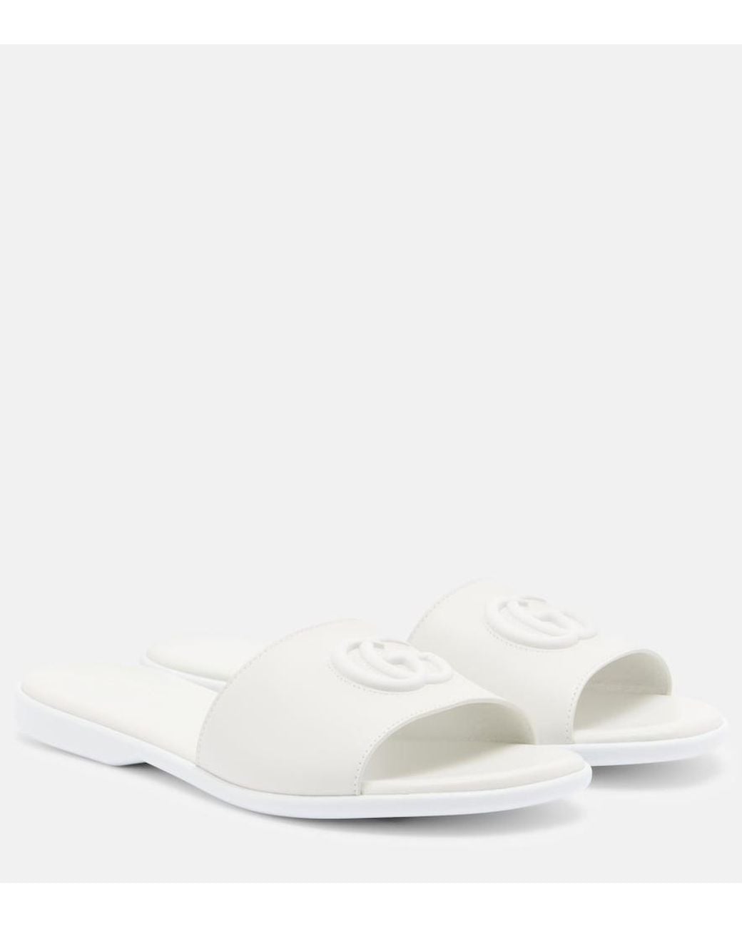 Gucci White Double G Leather Slides