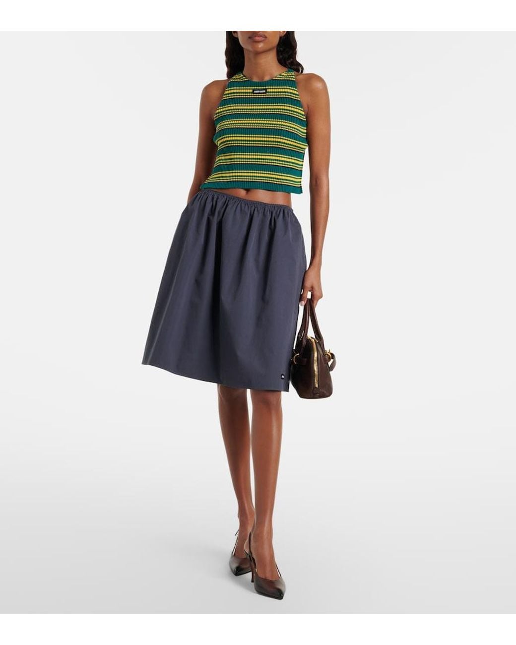 Miu Miu Green Ribbed-Knit Striped Cotton-Blend Top