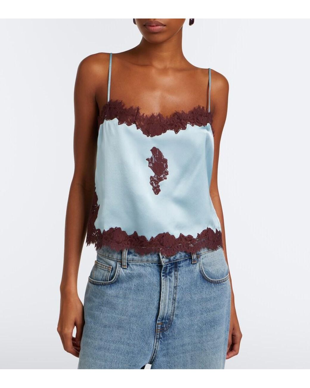 Doen Blue Avelaine Lace-Trimmed Silk Satin Camisole