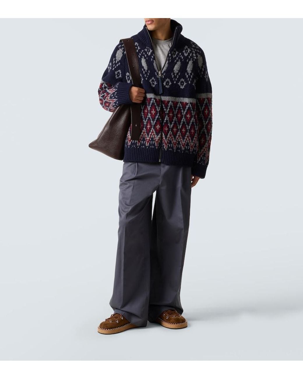 Loewe Blue Wool Jacquard Zip-Up Sweater for men