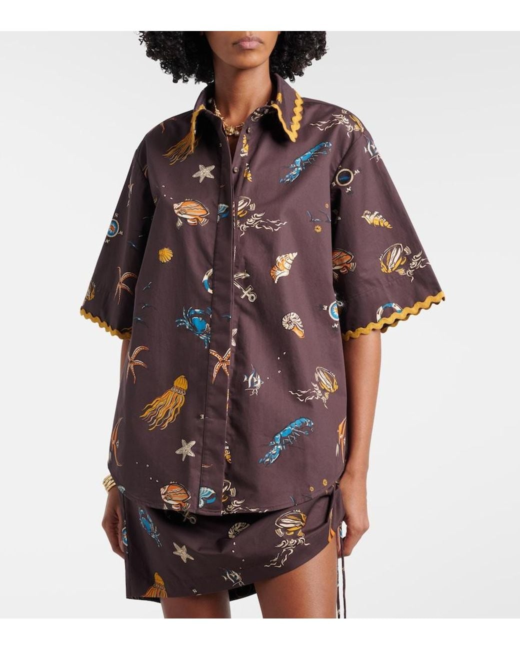 ALÉMAIS Brown Printed Cotton Bowling Shirt