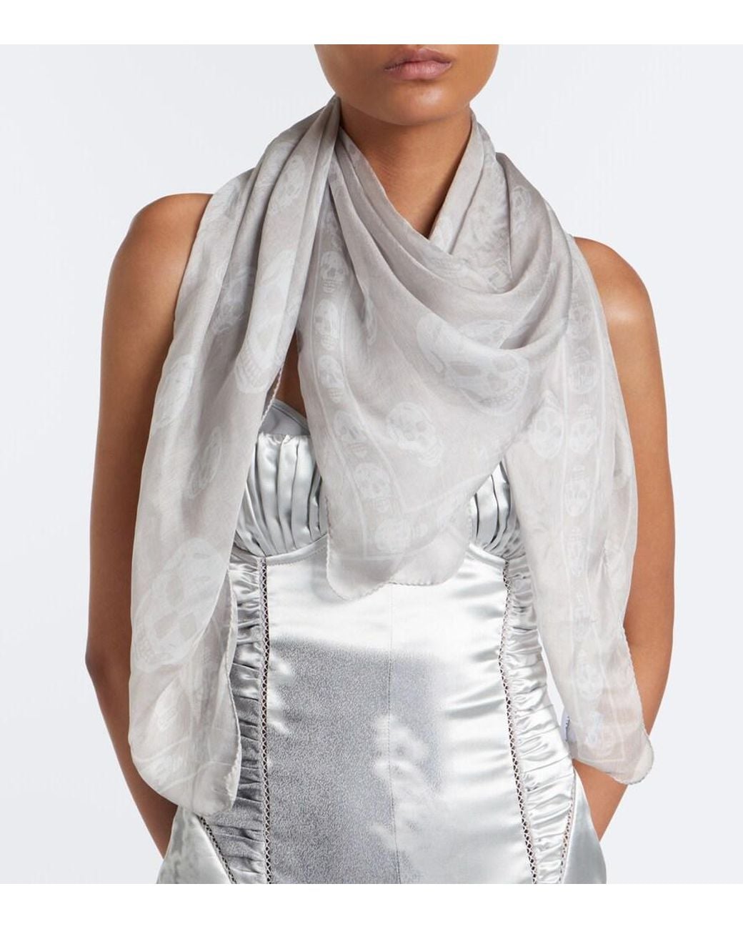 McQueen White Skull Silk Chiffon Scarf