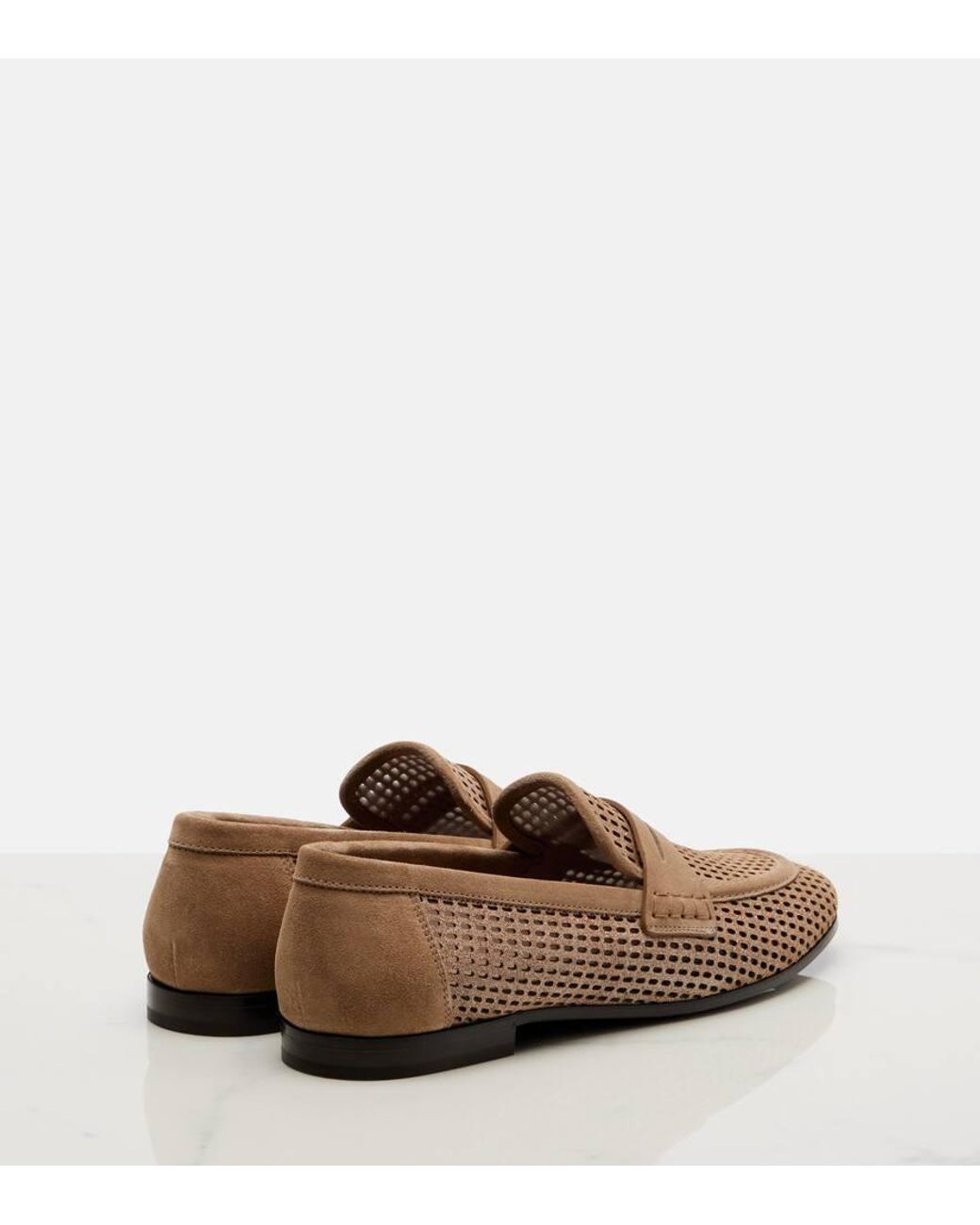 Brunello Cucinelli Brown Perforated Suede-Trimmed Leather Penny Loafers