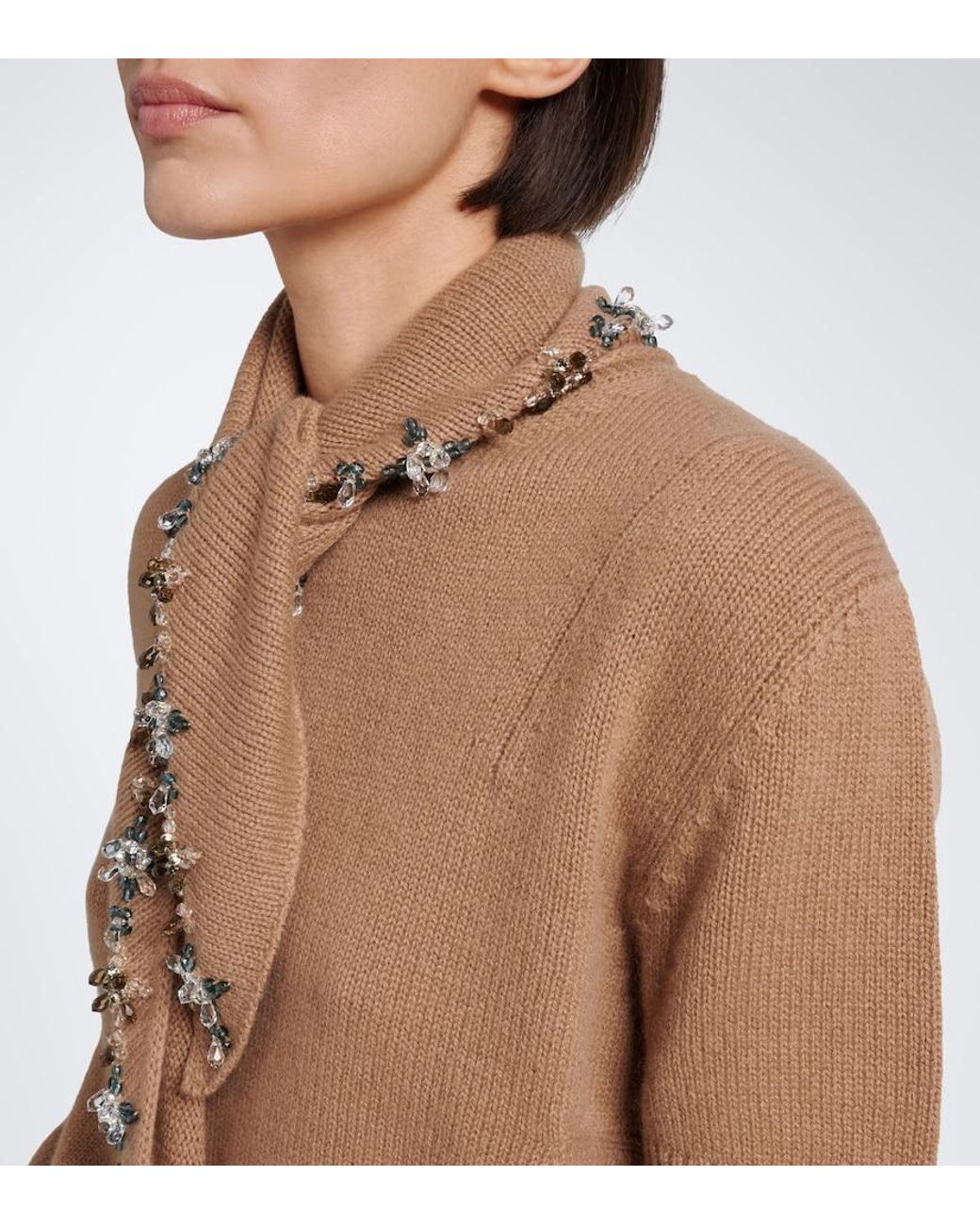 Prada Brown Embellished Tie-Neck Cashmere Sweater