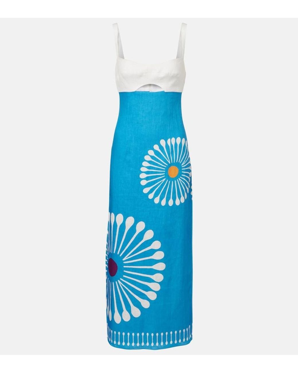 Cala De La Cruz Blue Nara Cutout Floral Linen Midi Dress
