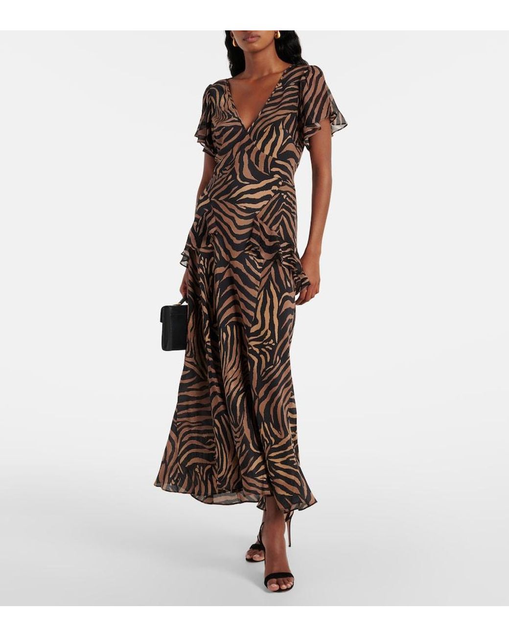Rixo Brown Women's Evie Silk Crepe De Chine Tiger Patchwork Midi Dress