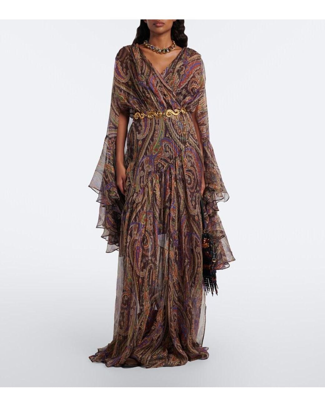 Etro Brown Paisley Ruffled Silk-Blend Crepon Maxi Dress