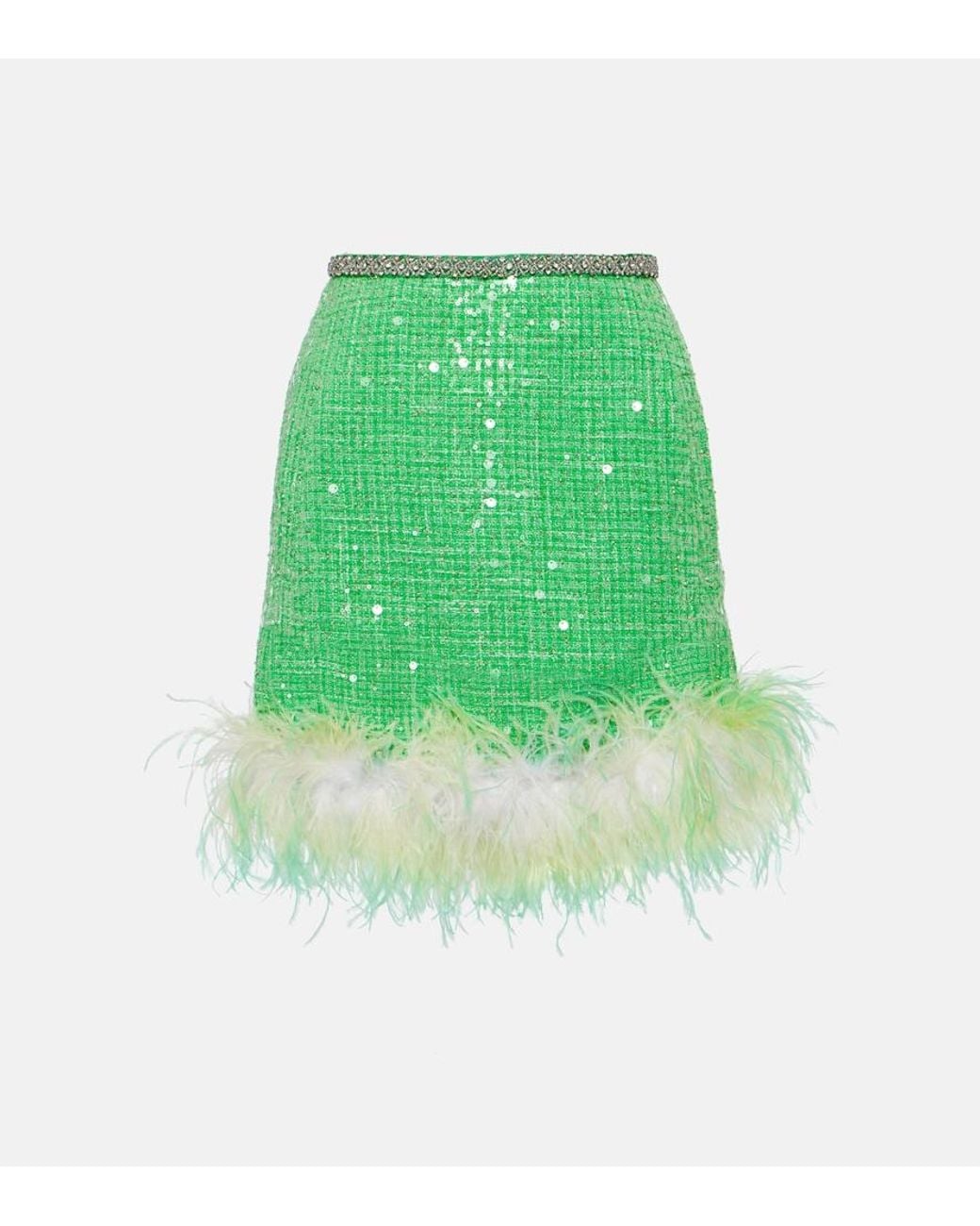 Self-Portrait Green Feather-Trimmed Sequined Boucle Miniskirt