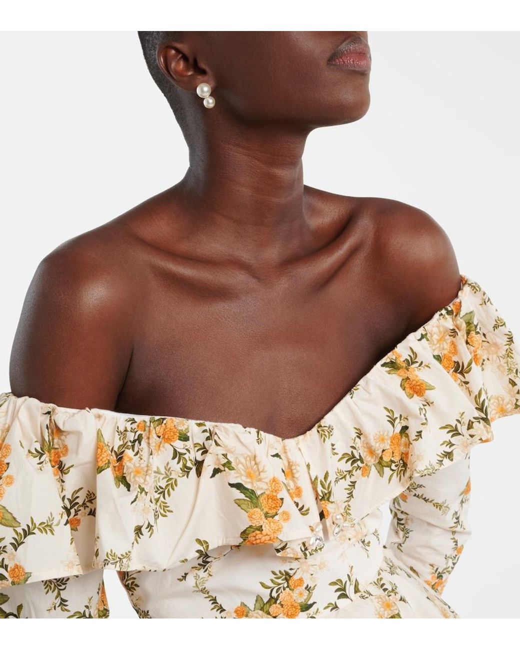 Agua Bendita Metallic Verso Off-Shoulder Floral Cotton Minidress