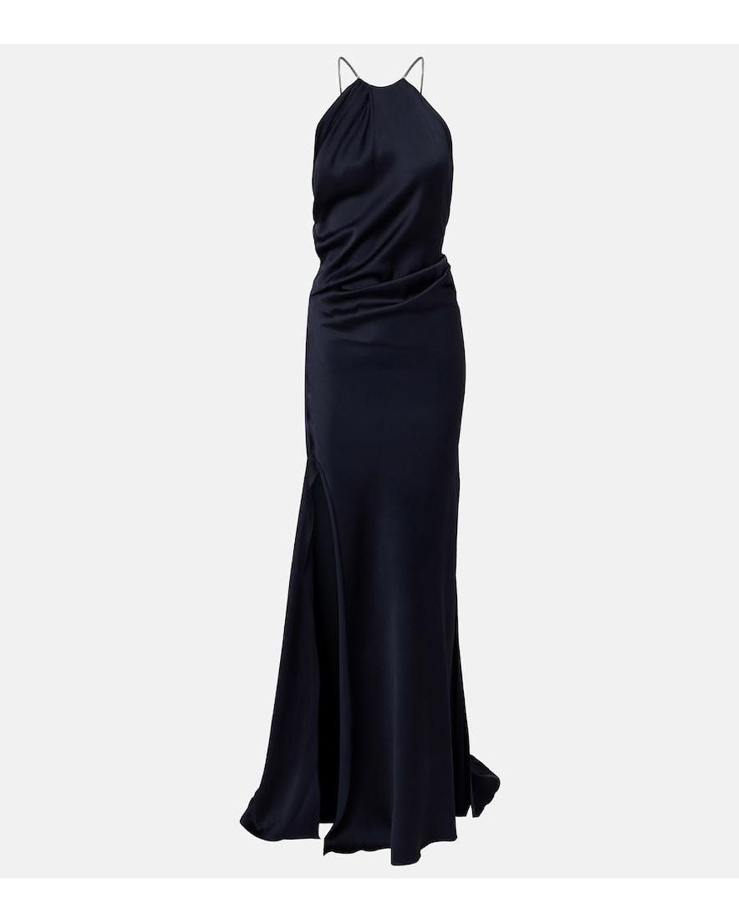 Victoria Beckham Blue Chain-Detail Draped Crepe Satin Gown