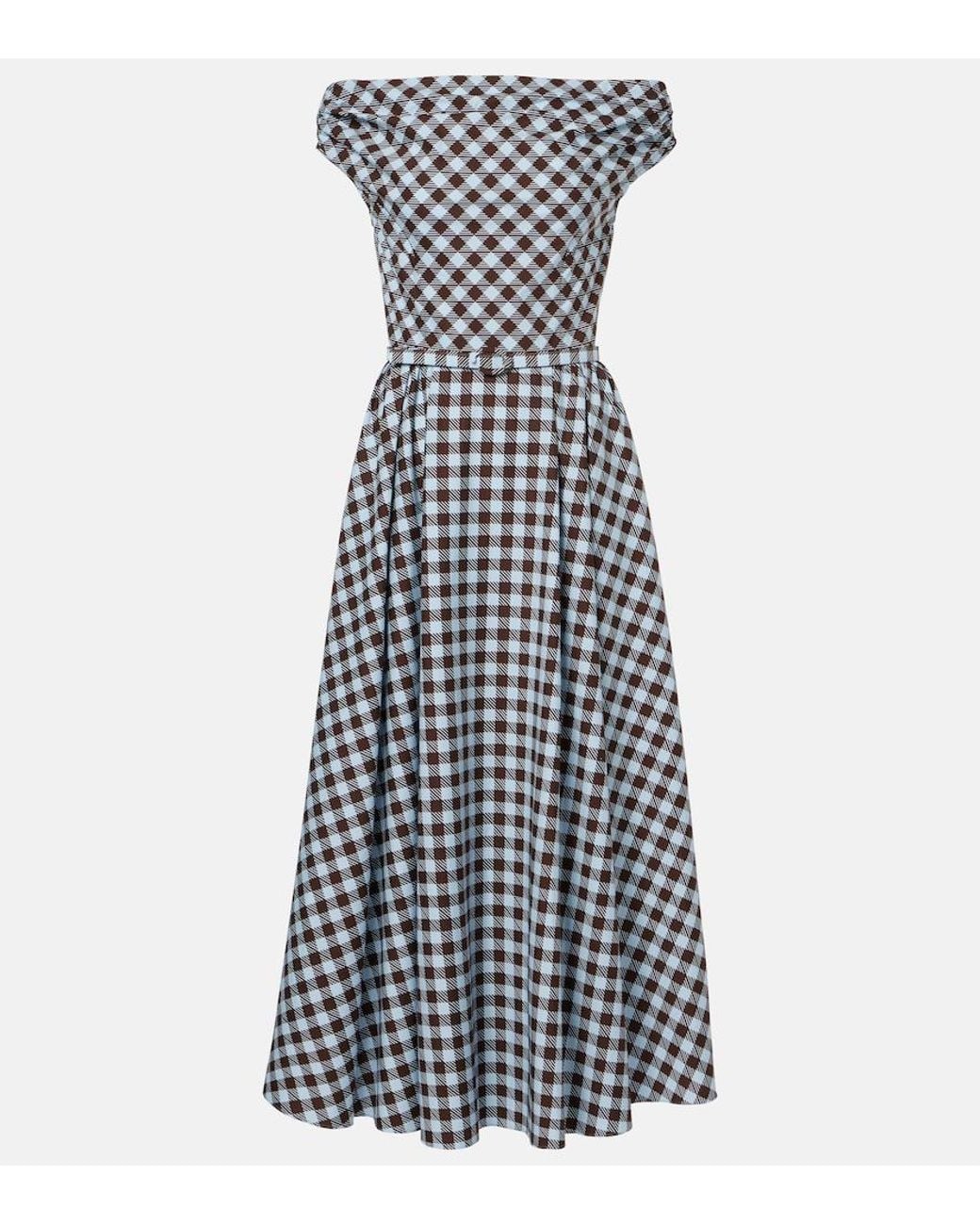 Oscar de la Renta Blue Gingham Cotton-Blend Midi Dress