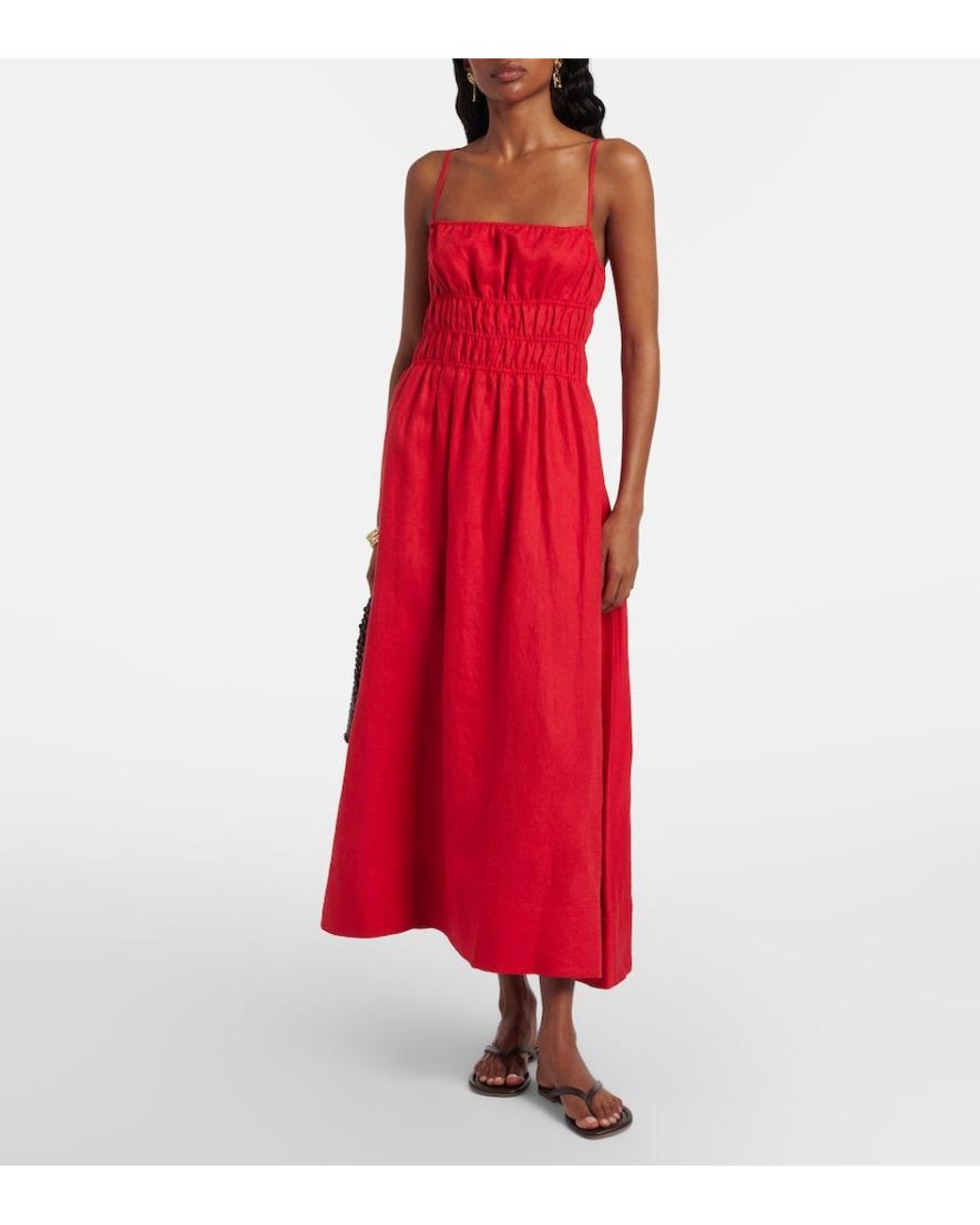 Staud Ayla Shirred Linen Midi Dress