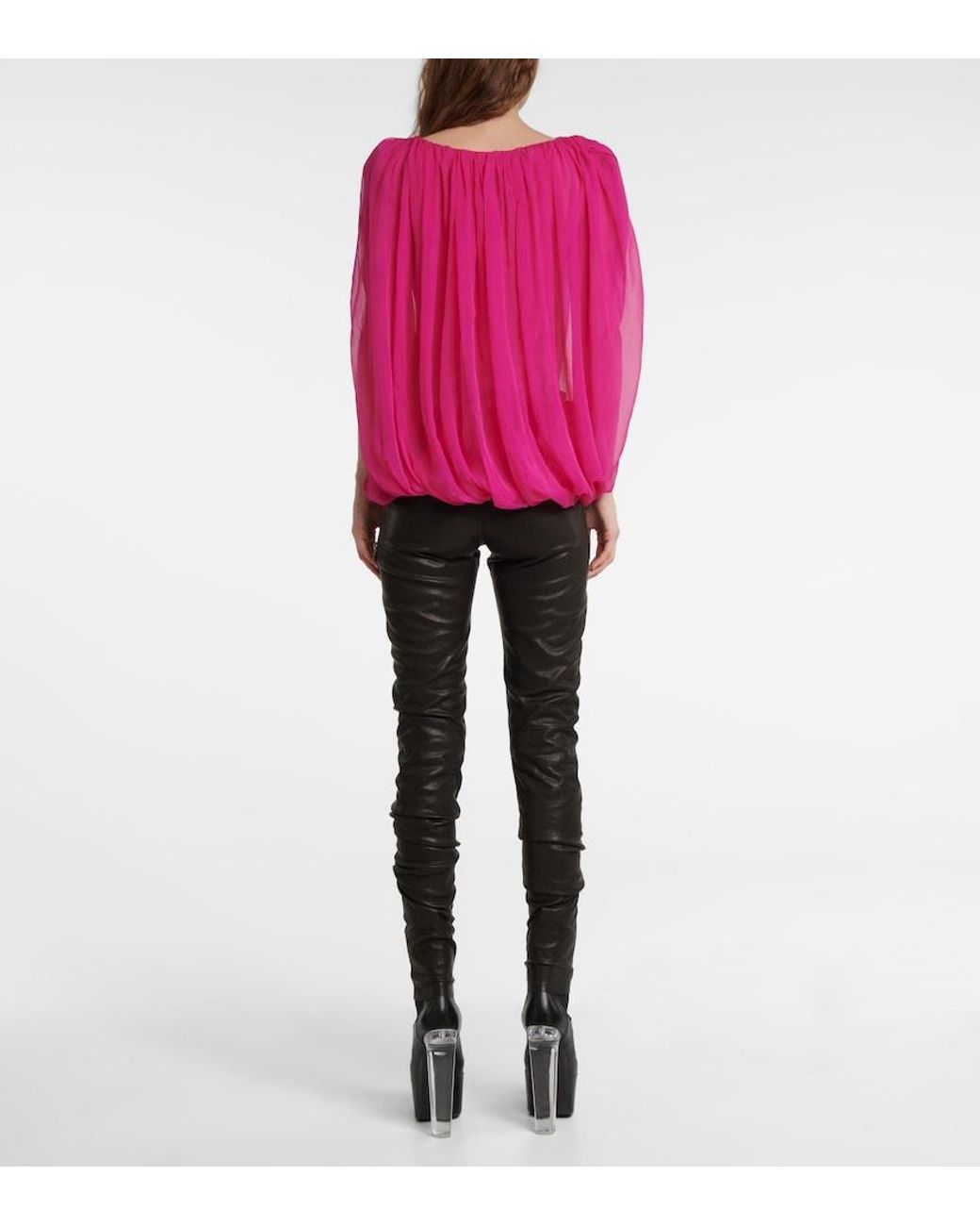 Rick Owens Pink Gathered Silk Chiffon Top