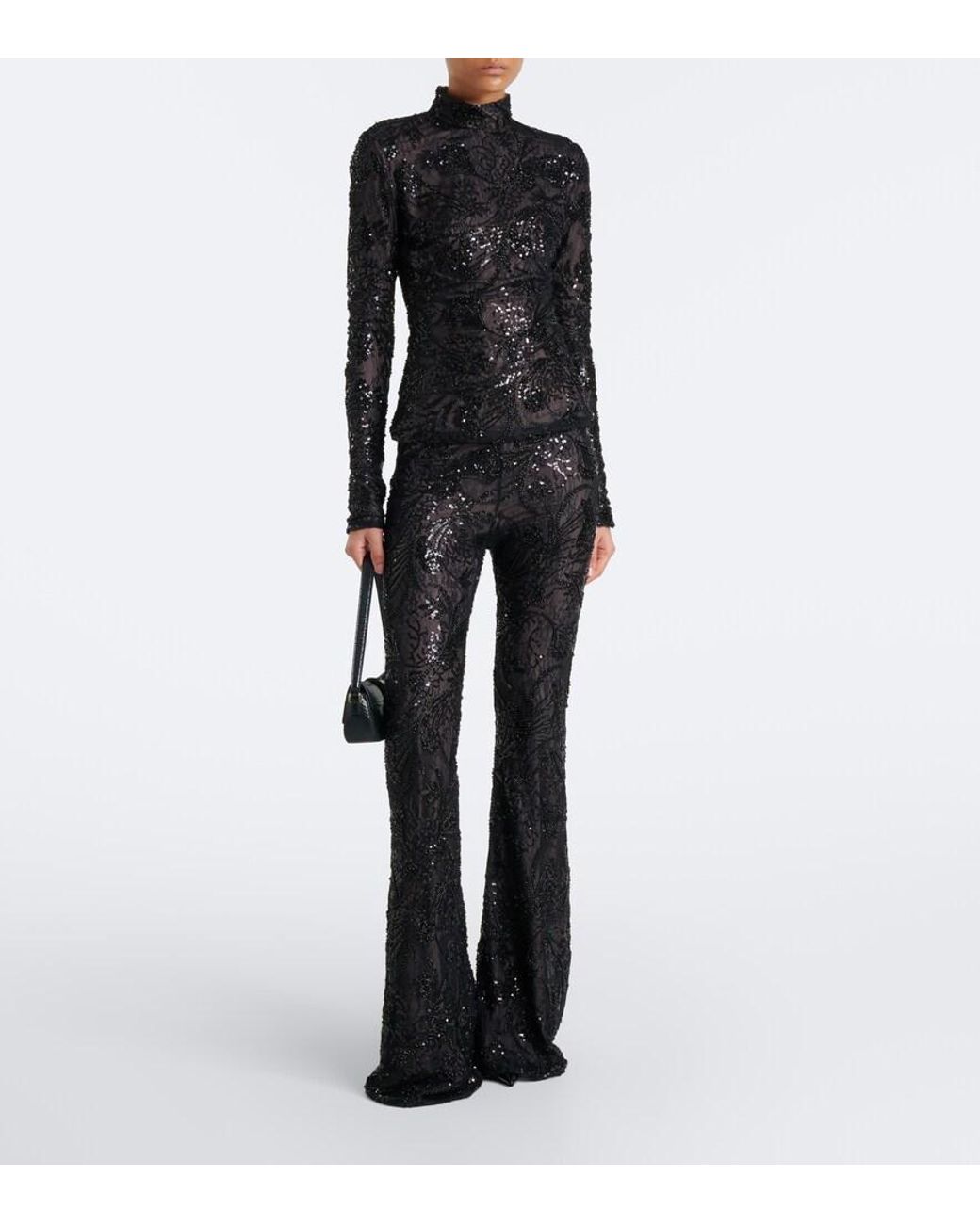 The New Arrivals Ilkyaz Ozel Black Meihua Sequined Flared Pants