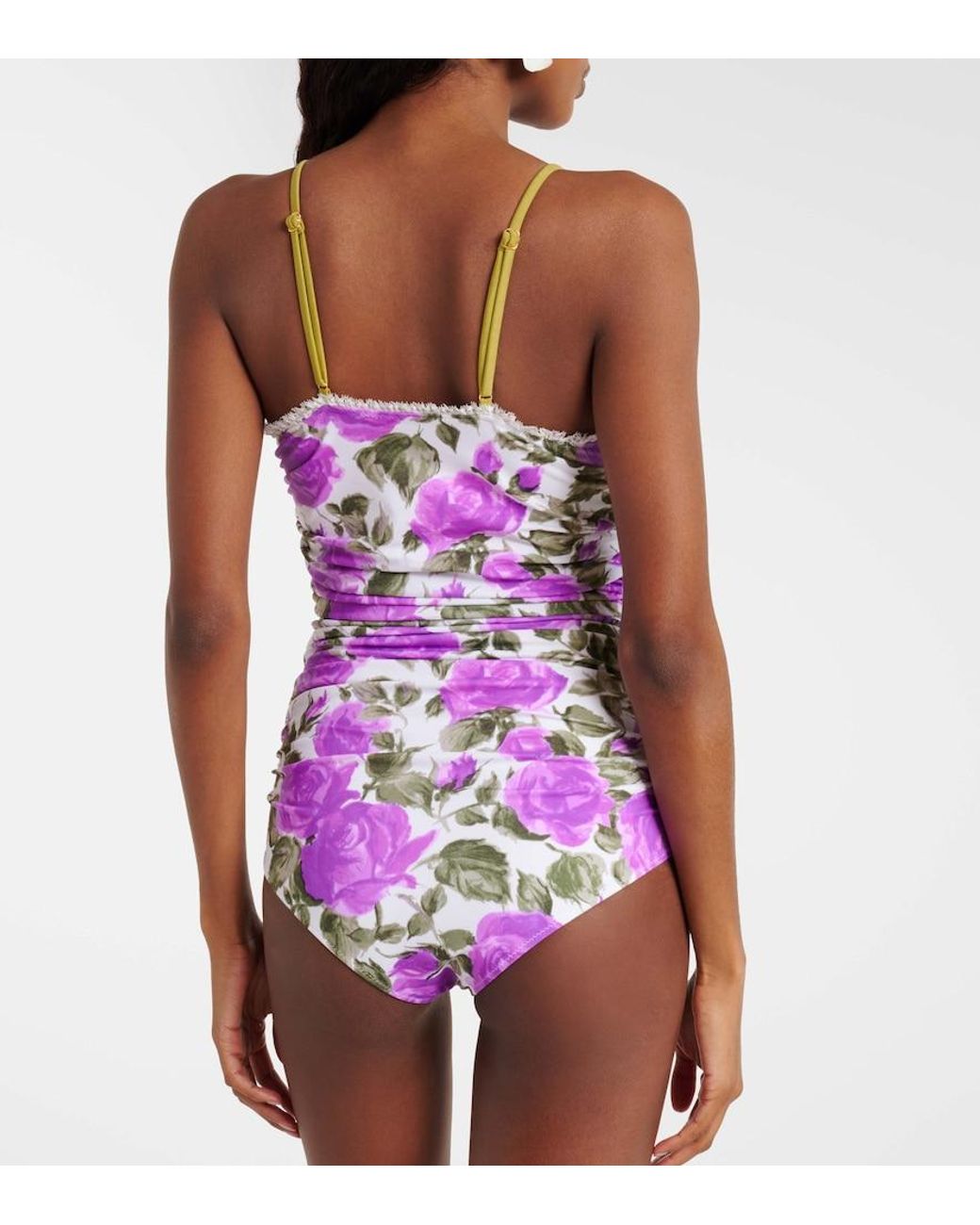 Chloé Purple Floral Ruched Lace-Trimmed Swimsuit