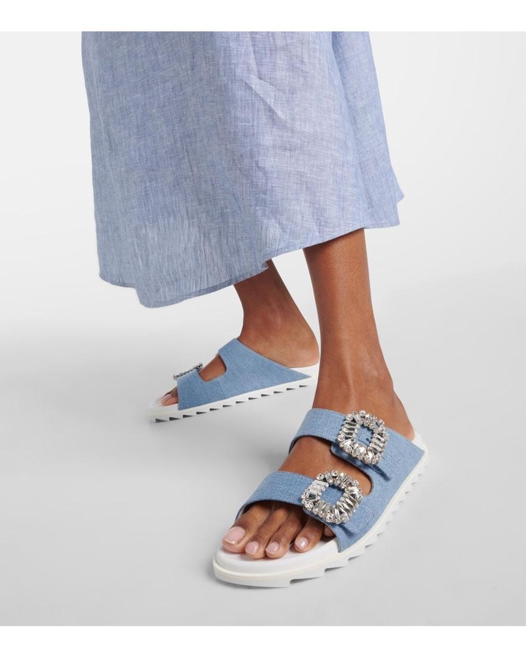 Roger Vivier Blue Slidy Viv' Embellished Denim Sandals