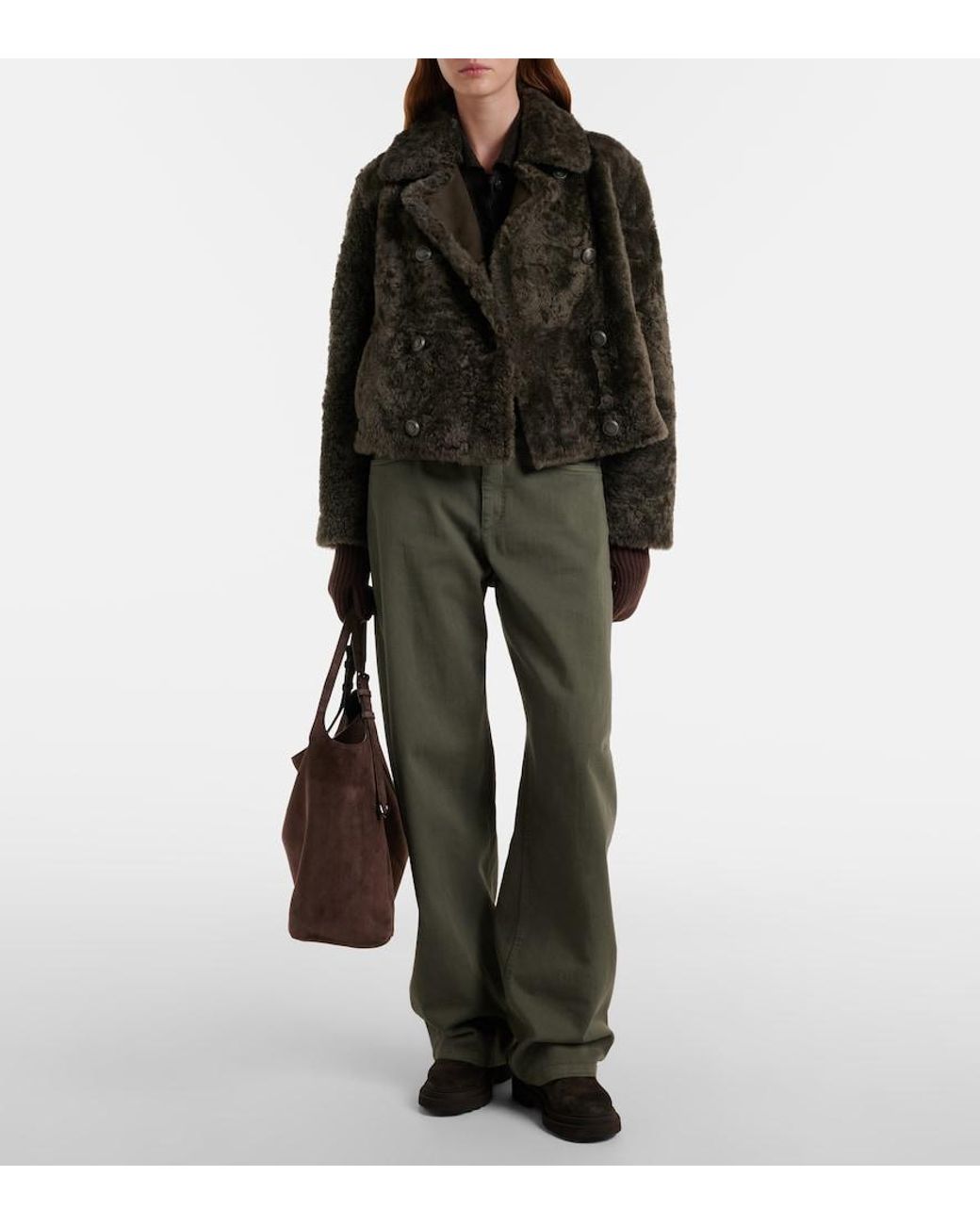 Brunello Cucinelli Green Cropped Double-Breasted Shearling Jacket