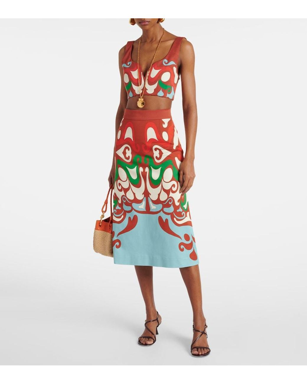LaDoubleJ Red Baia Printed Cotton-Blend Crop Top