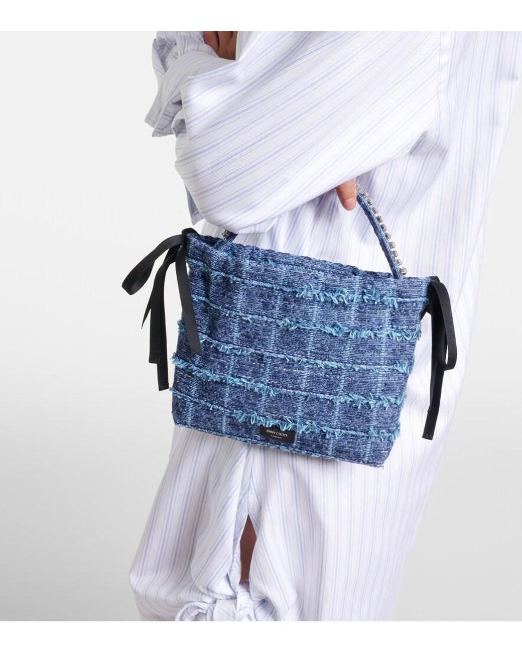 Jimmy Choo Blue Drawstring Mini Embellished Top-Handle Bag