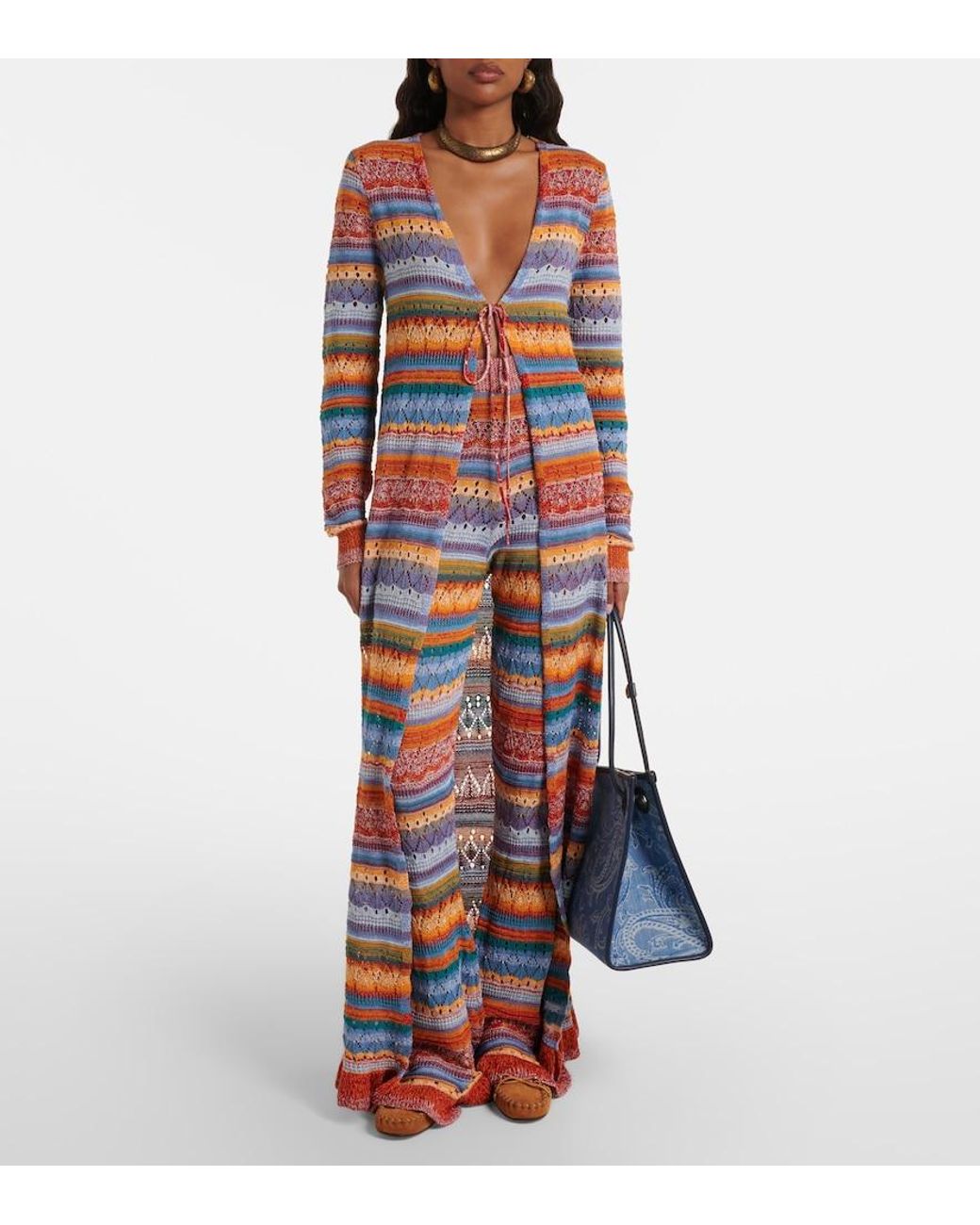Etro Red Crochet Striped Cotton Cardigan