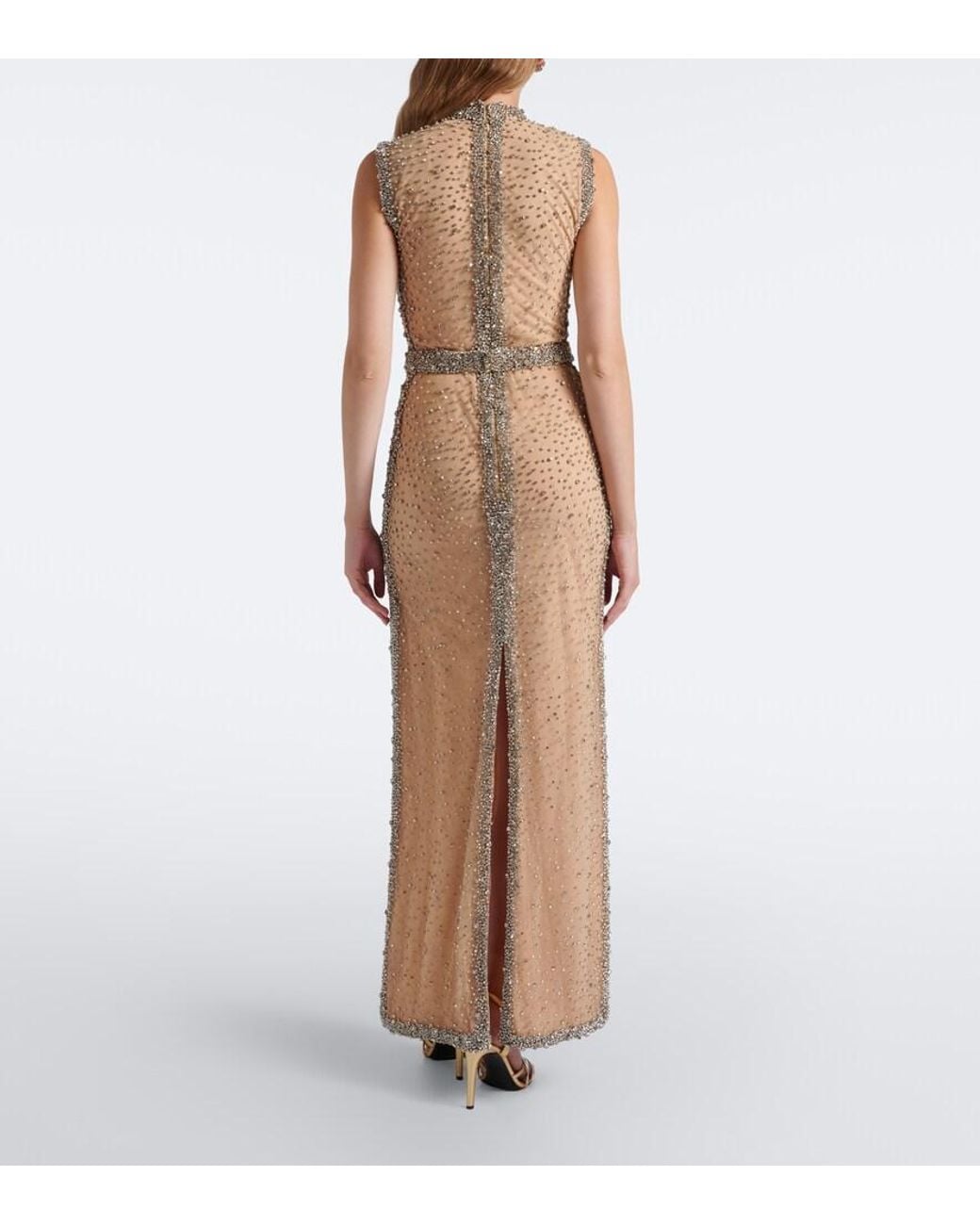 Costarellos Natural Belina Cutout Crystal-Embellished Gown
