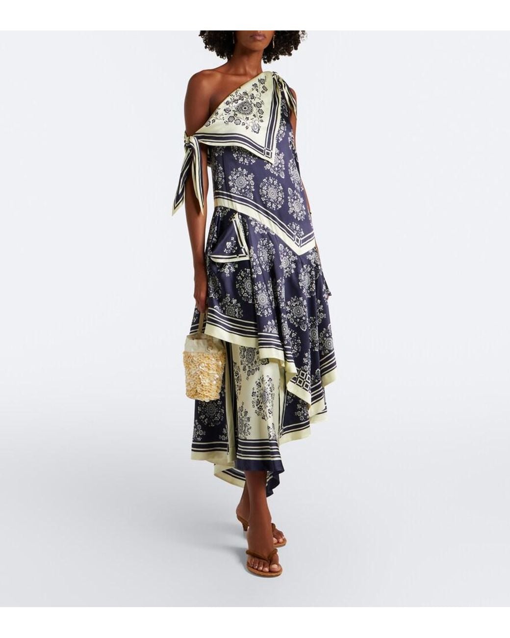 ALÉMAIS Blue Banderra Asymmetric Floral Silk Midi Dress
