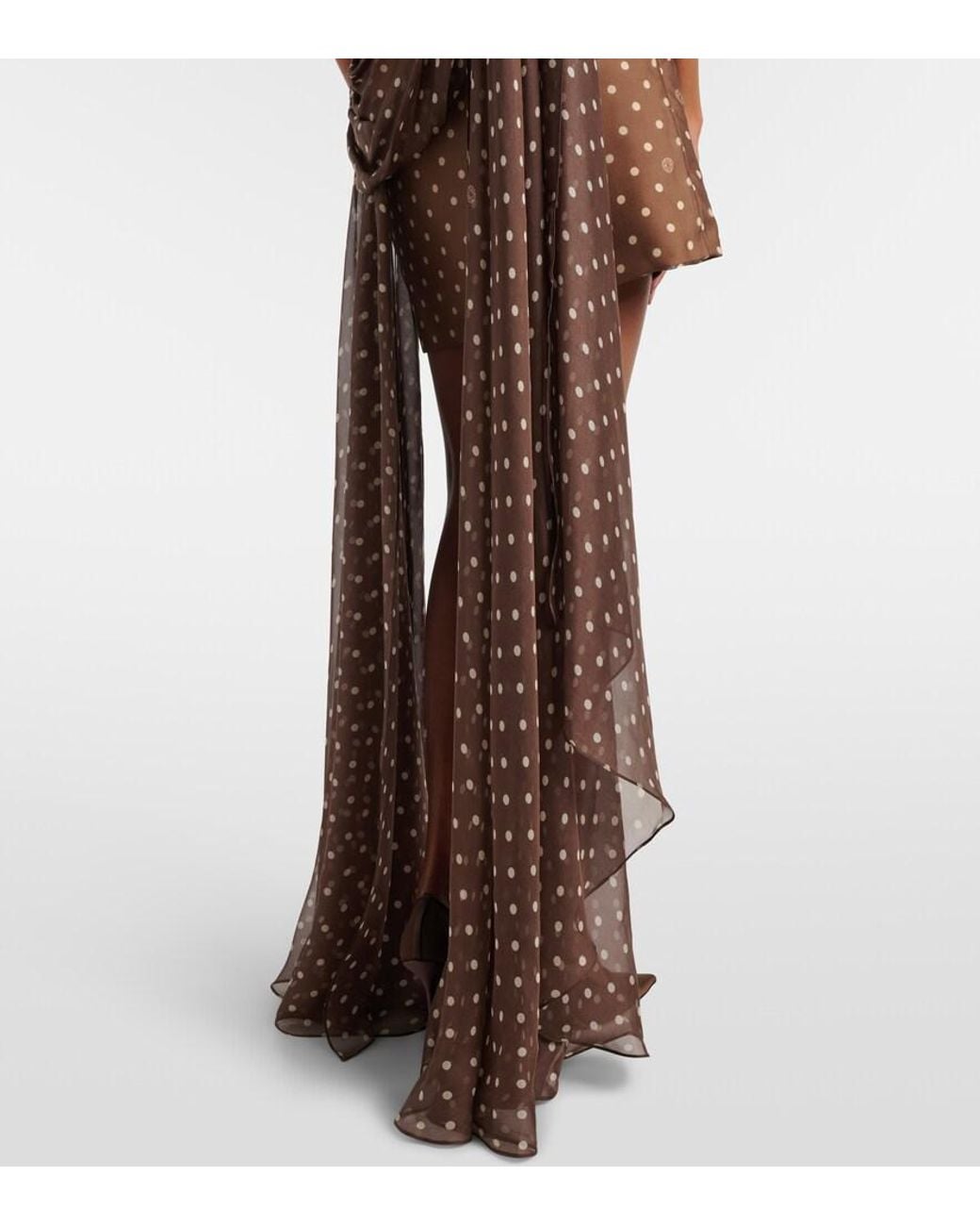 Elie Saab Brown Caped One-Shoulder Polka-Dot Silk-Blend Minidress