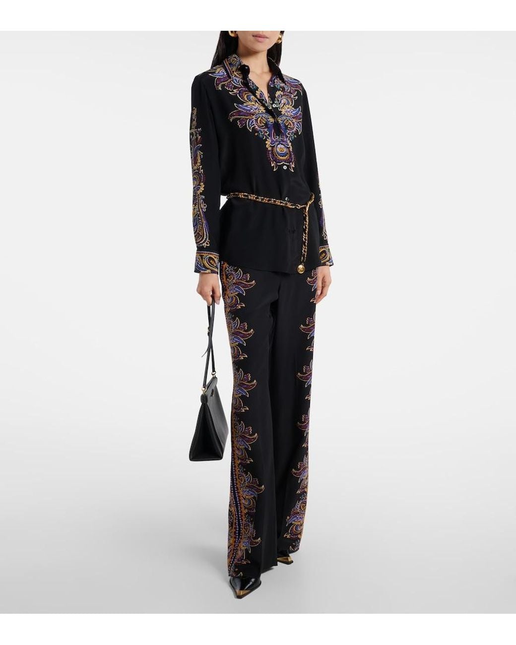 Etro Blue Paisley Silk Wide-Leg Pants
