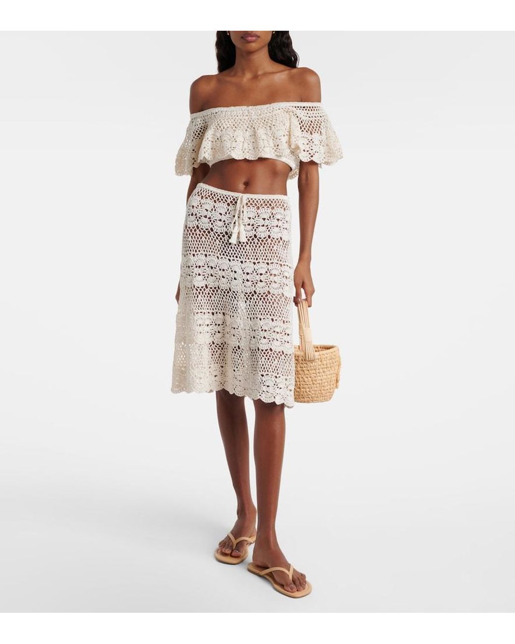 Anna Kosturova Natural Marianne Crochet Cotton Midi Skirt