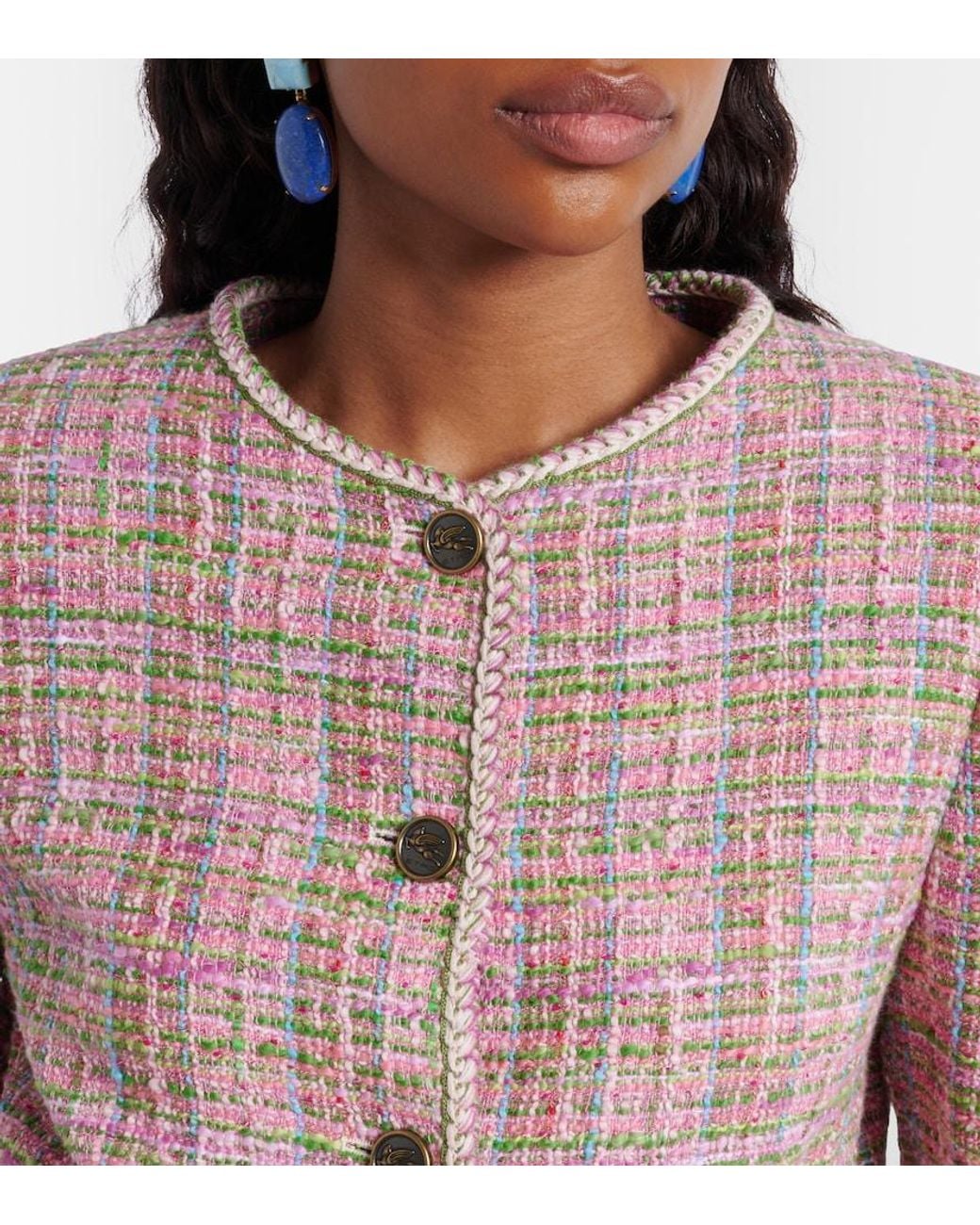 Etro Pink Checked Cotton-Blend Tweed Jacket