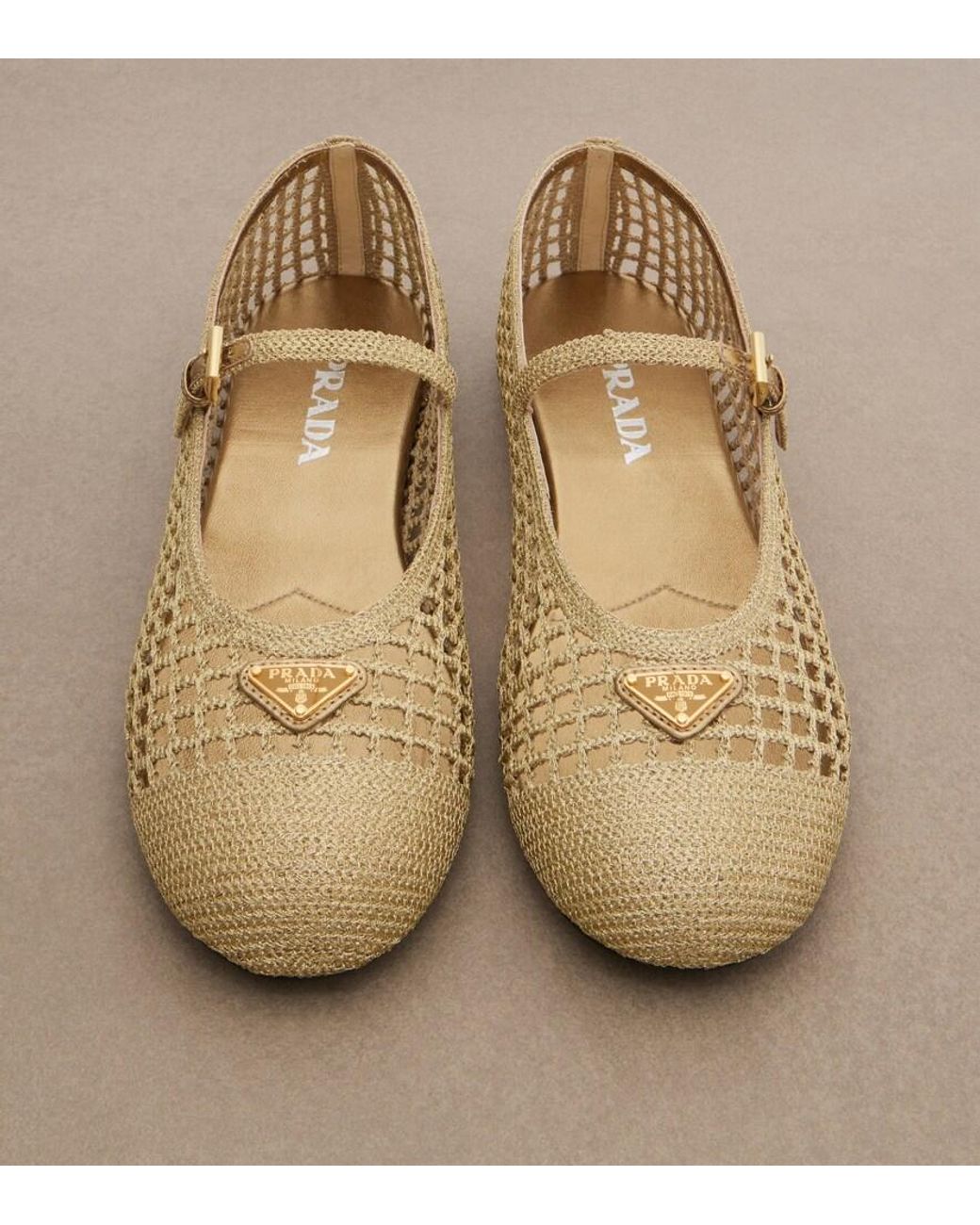 Prada Crochet Mary Jane Flats in Natural | Lyst UK