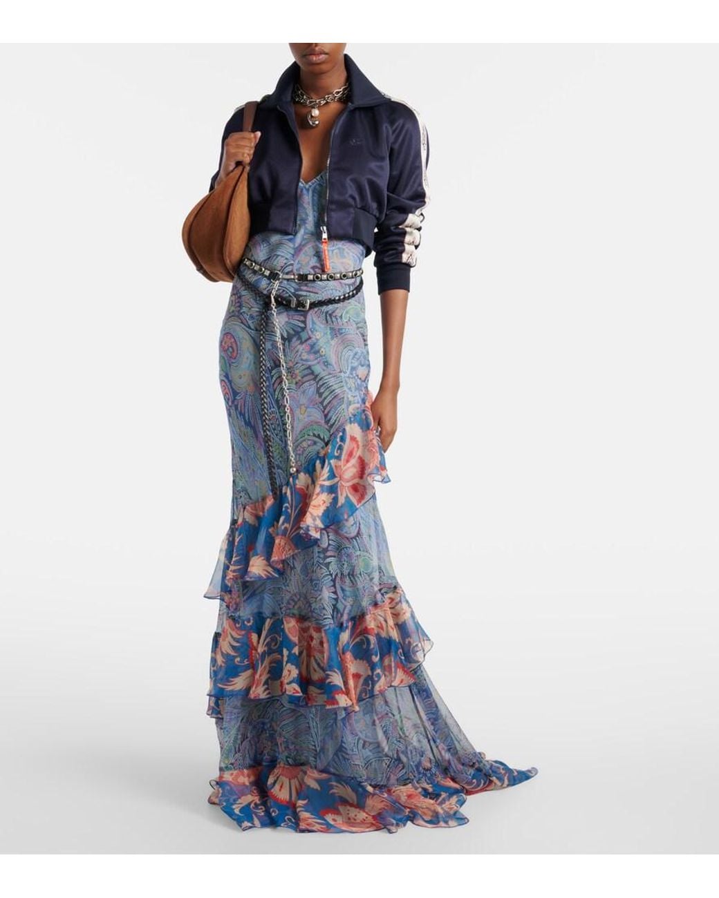 Etro Blue Paisley Floral Tiered Silk Chiffon Maxi Dress