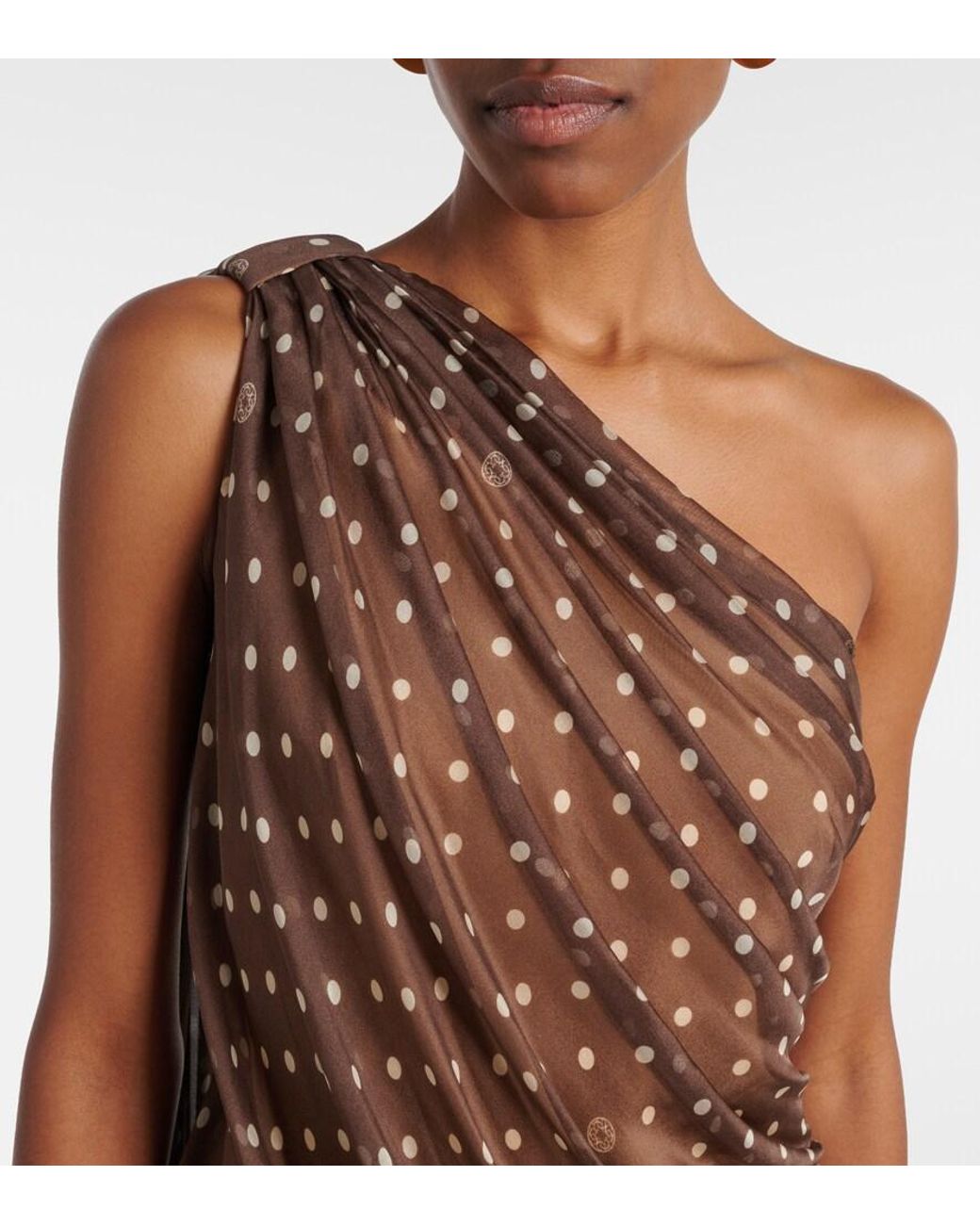 Elie Saab Brown Caped One-Shoulder Polka-Dot Silk-Blend Minidress