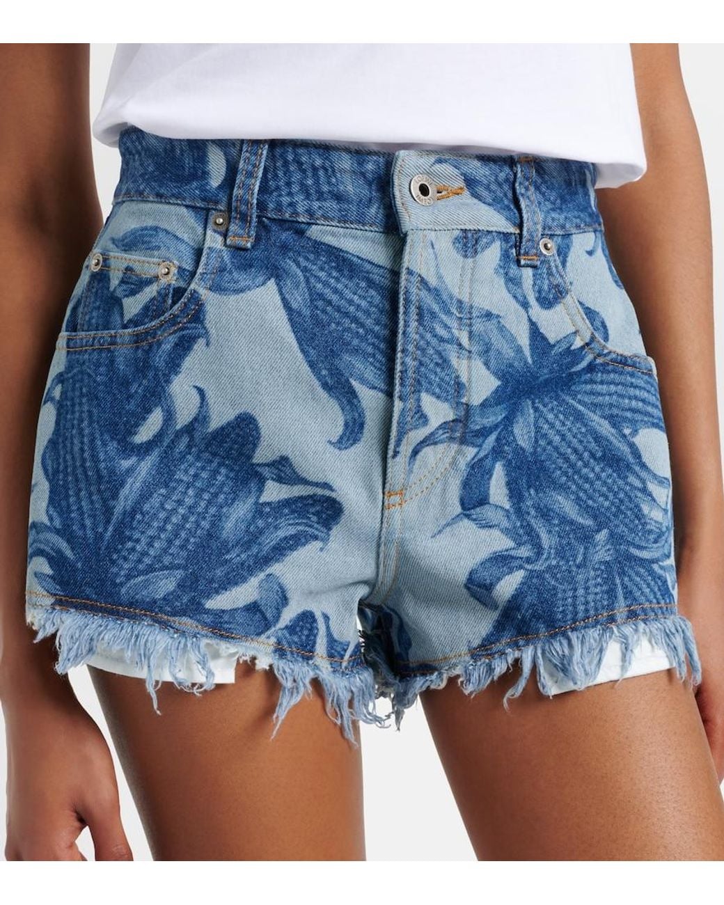 Loewe Blue Paula's Ibiza Frayed Printed Denim Shorts