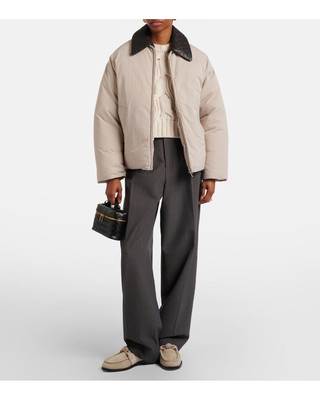 Bottega Veneta Natural Intrecciato Leather-Trimmed Down Jacket