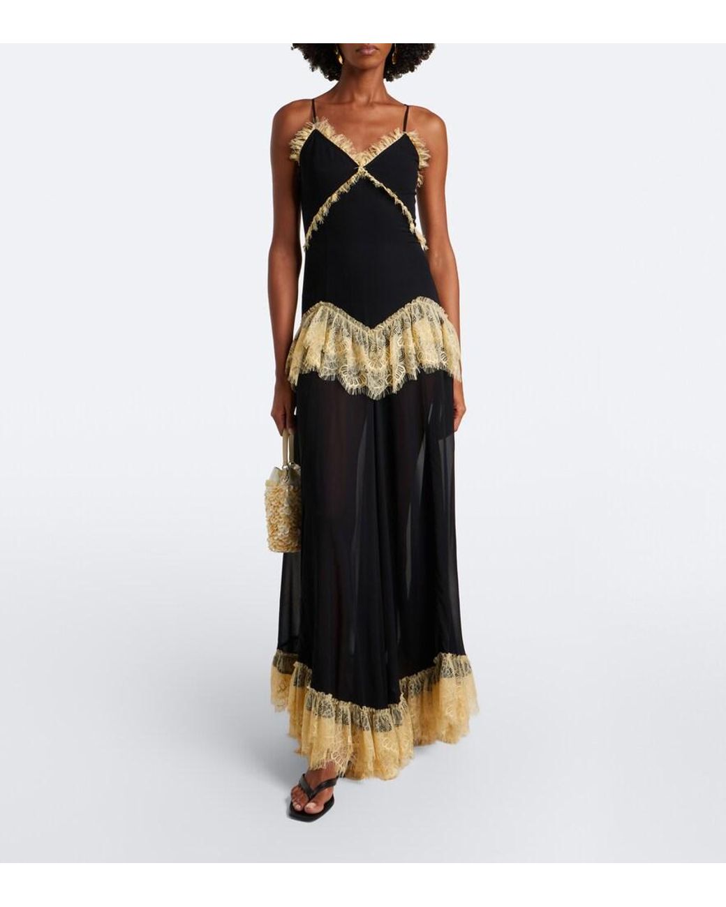 De La Vali Black Estela Lace-Trimmed Georgette Maxi Dress