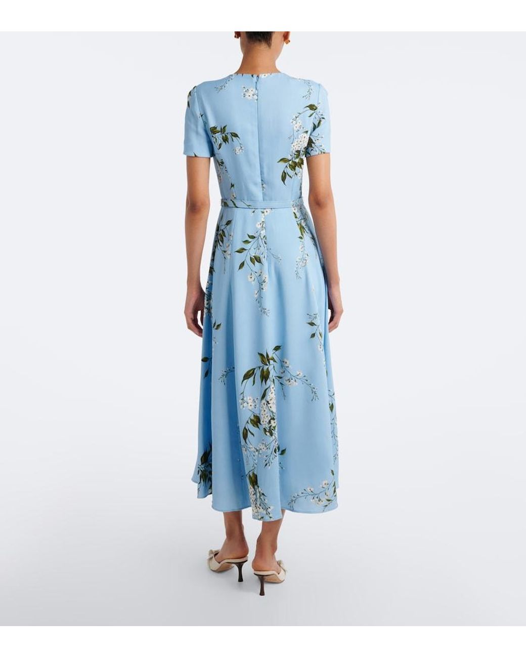 Monique Lhuillier Blue Floral Belted Midi Dress