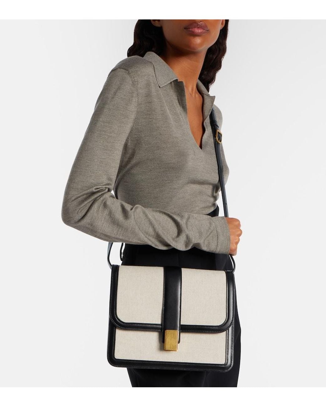Khaite Natural Blake Leather-Trimmed Canvas Crossbody Bag